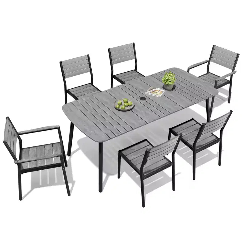 Crestlive Products 7pc Aluminum Patio Dinning Set 70.9in Table and 6 Chairs Plastic Wood Top with Umbrella Hole for Outdoor Pool Lawn