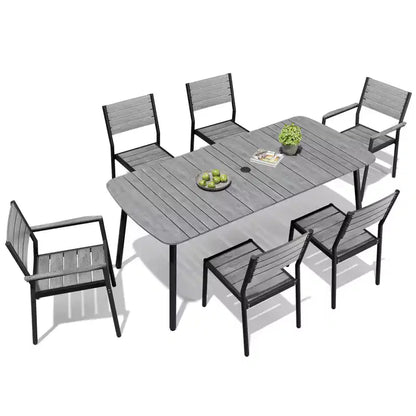 Crestlive Products 7pc Aluminum Patio Dinning Set 70.9in Table and 6 Chairs Plastic Wood Top with Umbrella Hole for Outdoor Pool Lawn