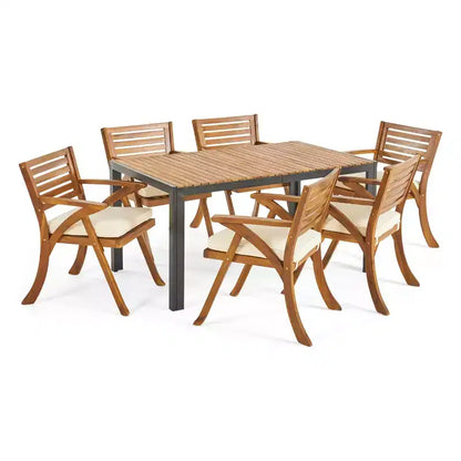 Christopher Knight Home Bellmill, ensemble de salle à manger d'extérieur 7 pièces en fer et bois d'acacia avec coussin, teck/noir