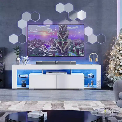 Meuble TV GALAXHERO 160 cm pour téléviseurs de 55/60/65/70 pouces, centre de divertissement moderne avec étagères ouvertes, console TV en bois avec 2 tiroirs de rangement, noir