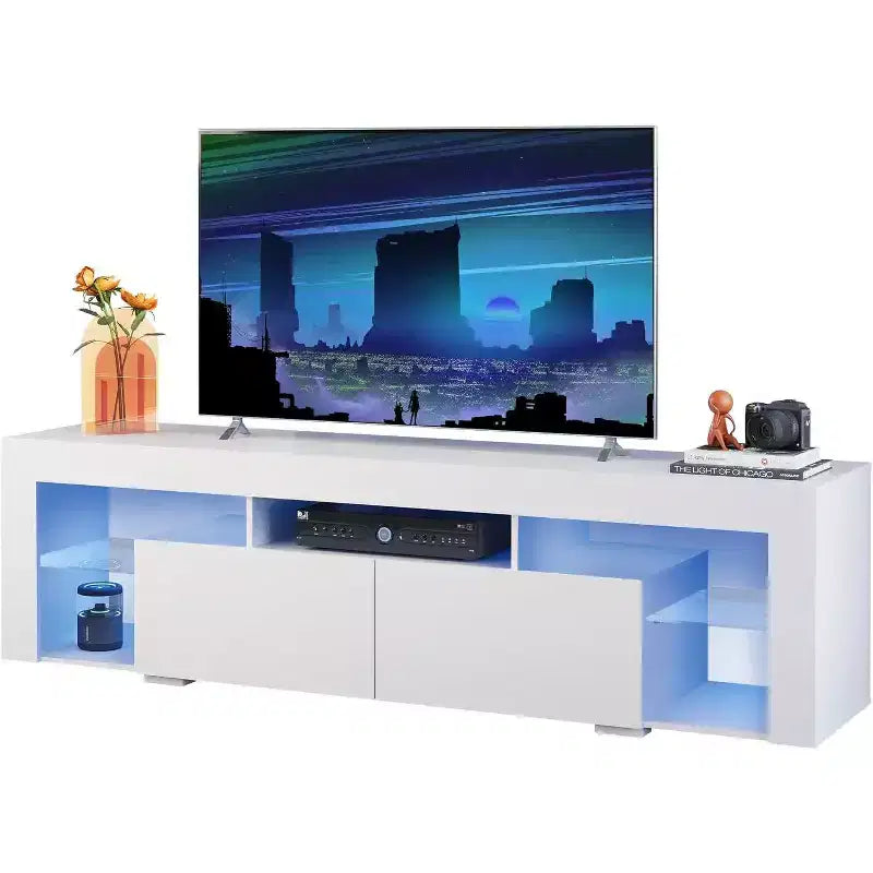 Meuble TV GALAXHERO 160 cm pour téléviseurs de 55/60/65/70 pouces, centre de divertissement moderne avec étagères ouvertes, console TV en bois avec 2 tiroirs de rangement, noir