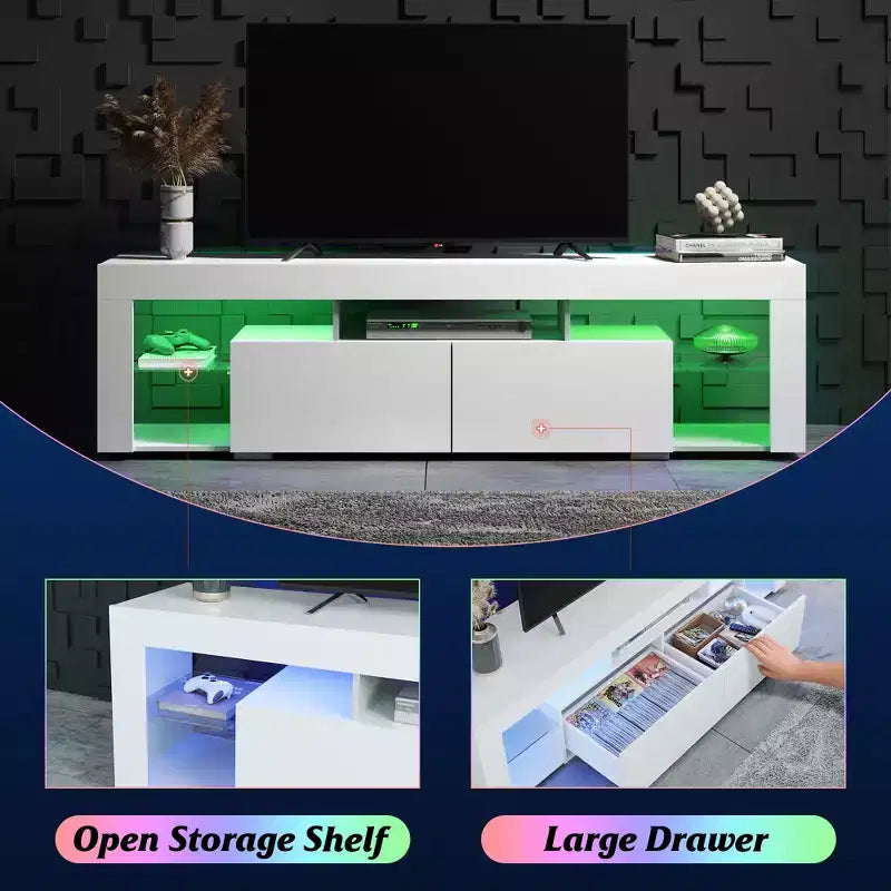 Meuble TV GALAXHERO 160 cm pour téléviseurs de 55/60/65/70 pouces, centre de divertissement moderne avec étagères ouvertes, console TV en bois avec 2 tiroirs de rangement, noir