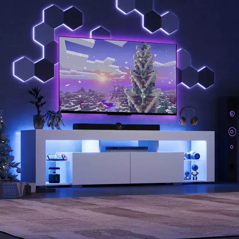 Meuble TV GALAXHERO 160 cm pour téléviseurs de 55/60/65/70 pouces, centre de divertissement moderne avec étagères ouvertes, console TV en bois avec 2 tiroirs de rangement, noir