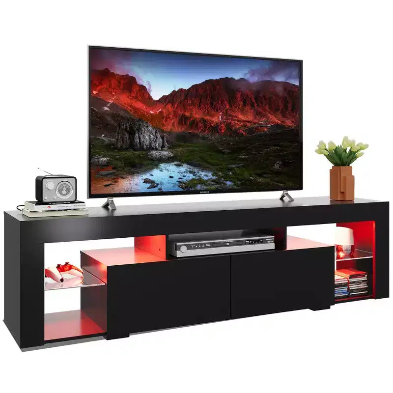 Meuble TV GALAXHERO 160 cm pour téléviseurs de 55/60/65/70 pouces, centre de divertissement moderne avec étagères ouvertes, console TV en bois avec 2 tiroirs de rangement, noir