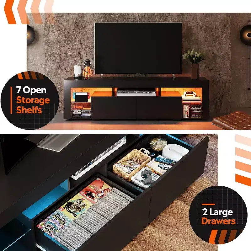 Meuble TV GALAXHERO 160 cm pour téléviseurs de 55/60/65/70 pouces, centre de divertissement moderne avec étagères ouvertes, console TV en bois avec 2 tiroirs de rangement, noir