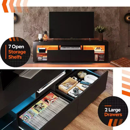 Meuble TV GALAXHERO 160 cm pour téléviseurs de 55/60/65/70 pouces, centre de divertissement moderne avec étagères ouvertes, console TV en bois avec 2 tiroirs de rangement, noir