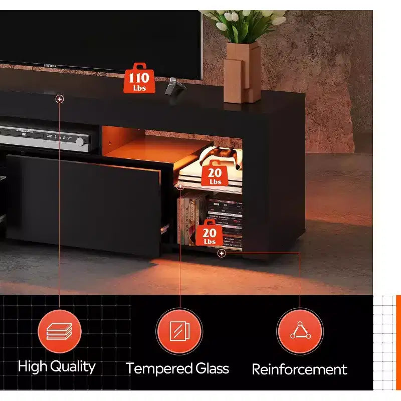 Meuble TV GALAXHERO 160 cm pour téléviseurs de 55/60/65/70 pouces, centre de divertissement moderne avec étagères ouvertes, console TV en bois avec 2 tiroirs de rangement, noir