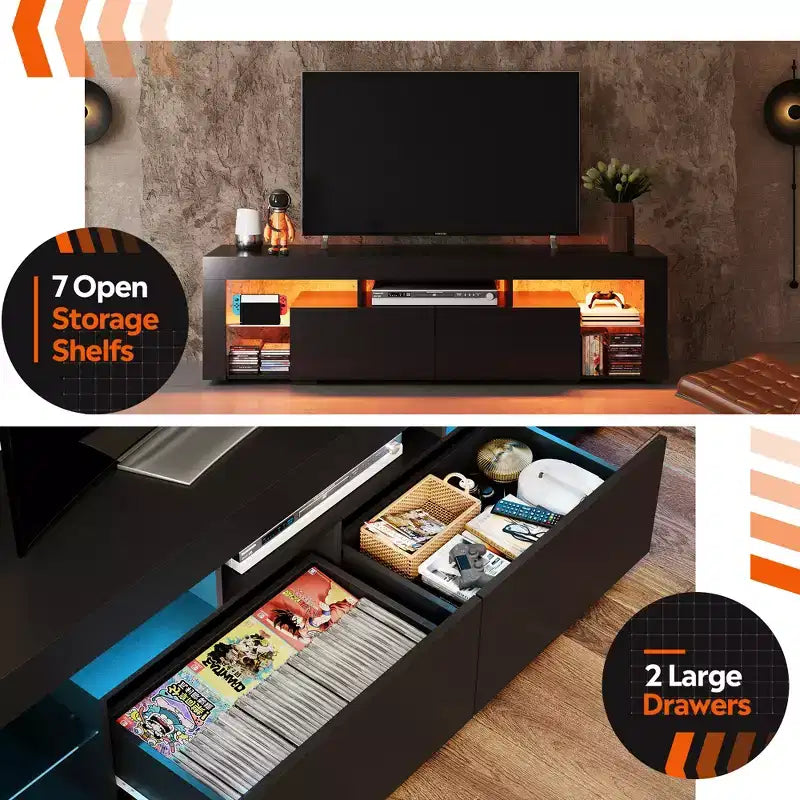 Meuble TV GALAXHERO 160 cm pour téléviseurs de 55/60/65/70 pouces, centre de divertissement moderne avec étagères ouvertes, console TV en bois avec 2 tiroirs de rangement, noir