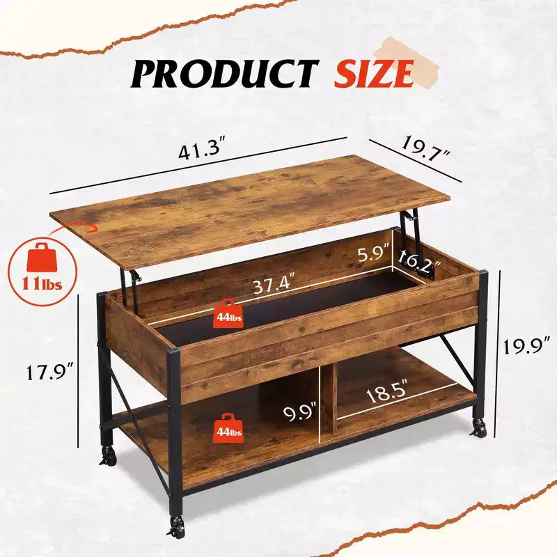 Coffee Table, 41.3 Lift Top Coffee Table with 4 Wheels, Hidden Compartment, Storage Shelf and Lift Tabletop
