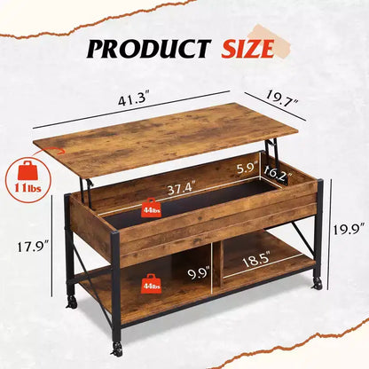 Coffee Table, 41.3 Lift Top Coffee Table with 4 Wheels, Hidden Compartment, Storage Shelf and Lift Tabletop