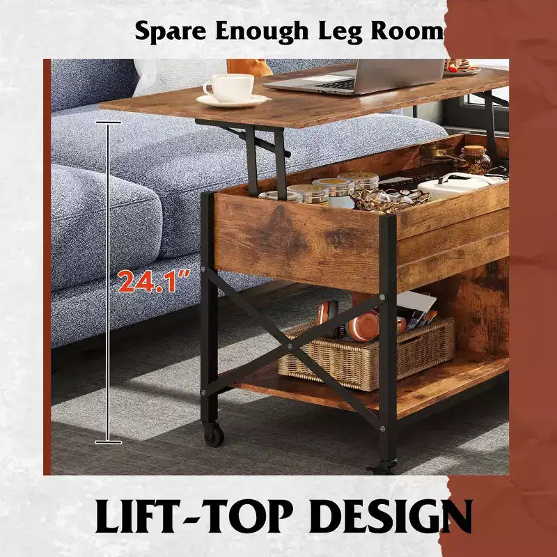 Coffee Table, 41.3 Lift Top Coffee Table with 4 Wheels, Hidden Compartment, Storage Shelf and Lift Tabletop