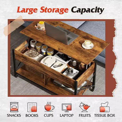 Coffee Table, 41.3 Lift Top Coffee Table with 4 Wheels, Hidden Compartment, Storage Shelf and Lift Tabletop