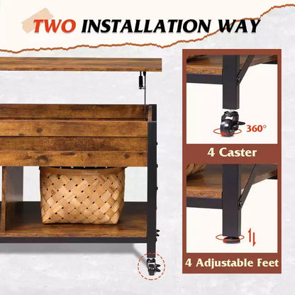 Coffee Table, 41.3 Lift Top Coffee Table with 4 Wheels, Hidden Compartment, Storage Shelf and Lift Tabletop