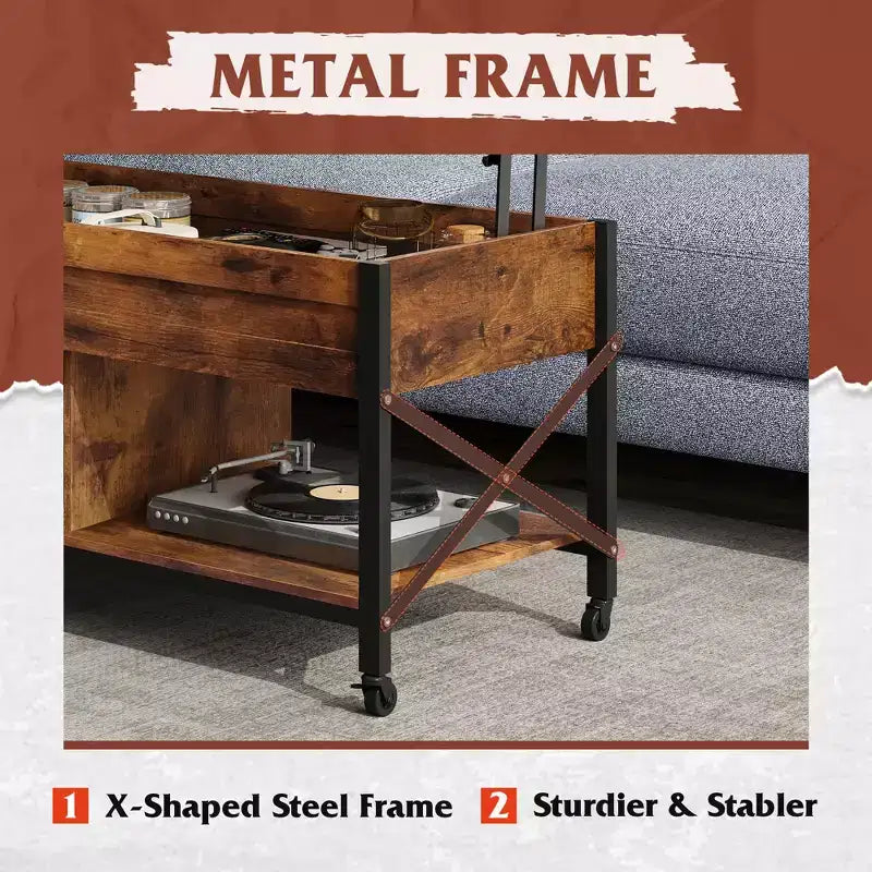 Coffee Table, 41.3 Lift Top Coffee Table with 4 Wheels, Hidden Compartment, Storage Shelf and Lift Tabletop