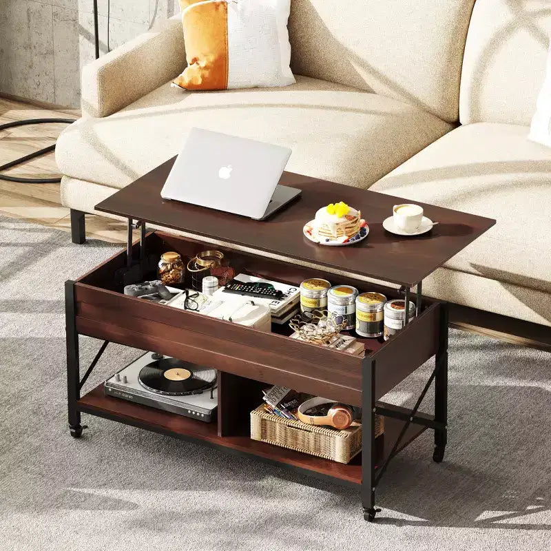 Coffee Table, 41.3 Lift Top Coffee Table with 4 Wheels, Hidden Compartment, Storage Shelf and Lift Tabletop