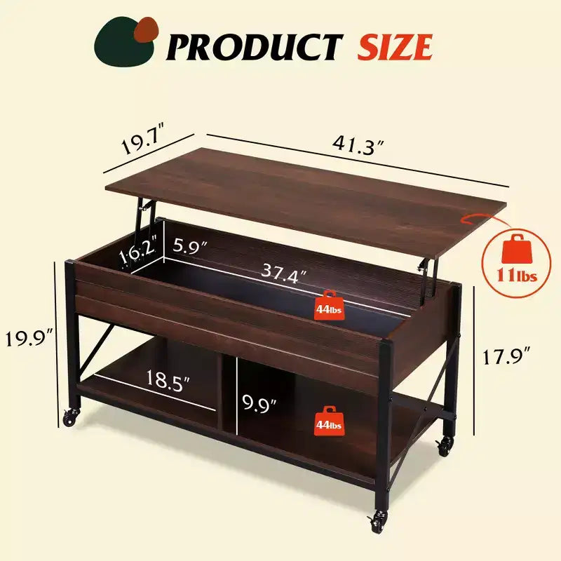 Coffee Table, 41.3 Lift Top Coffee Table with 4 Wheels, Hidden Compartment, Storage Shelf and Lift Tabletop
