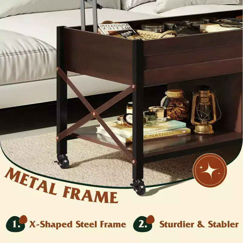 Coffee Table, 41.3 Lift Top Coffee Table with 4 Wheels, Hidden Compartment, Storage Shelf and Lift Tabletop