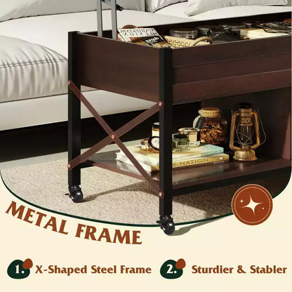 Coffee Table, 41.3 Lift Top Coffee Table with 4 Wheels, Hidden Compartment, Storage Shelf and Lift Tabletop