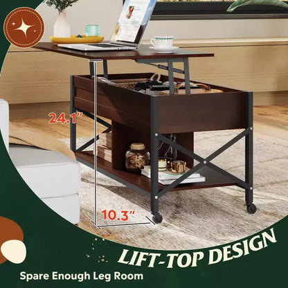 Coffee Table, 41.3 Lift Top Coffee Table with 4 Wheels, Hidden Compartment, Storage Shelf and Lift Tabletop