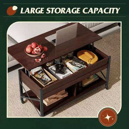 Coffee Table, 41.3 Lift Top Coffee Table with 4 Wheels, Hidden Compartment, Storage Shelf and Lift Tabletop