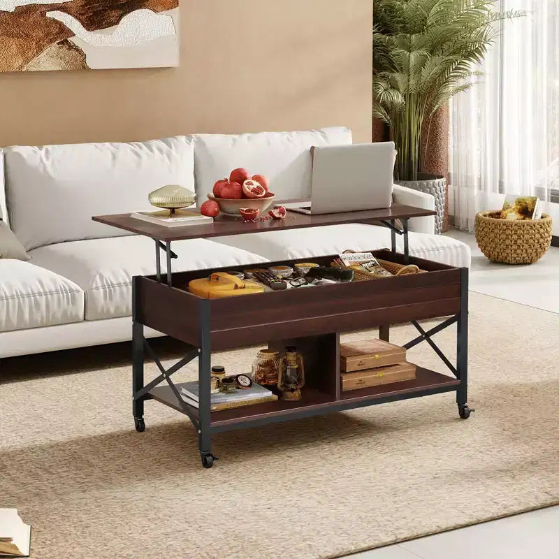 Coffee Table, 41.3 Lift Top Coffee Table with 4 Wheels, Hidden Compartment, Storage Shelf and Lift Tabletop