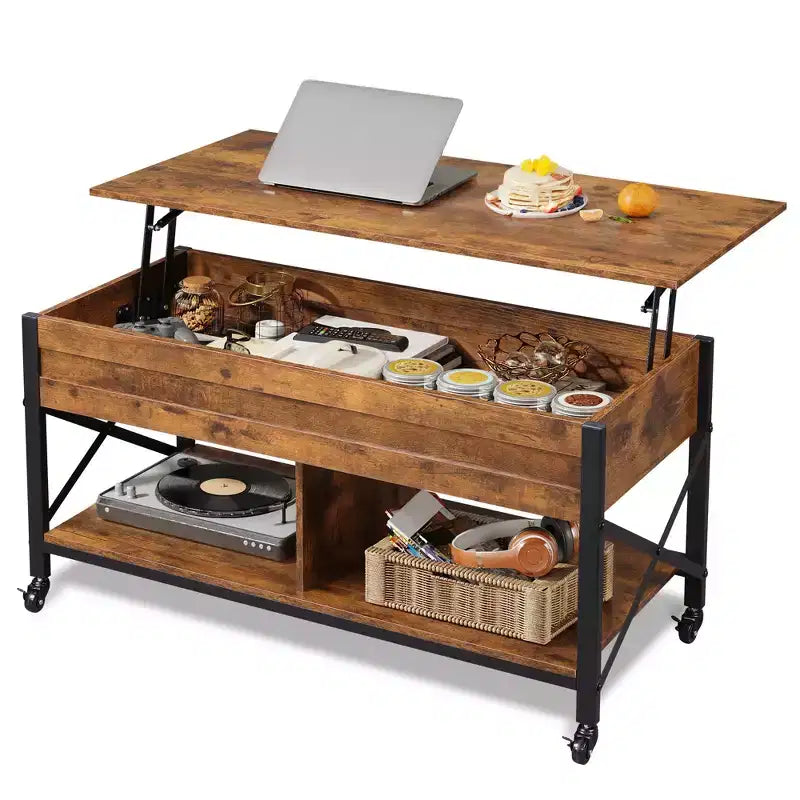 Coffee Table, 41.3 Lift Top Coffee Table with 4 Wheels, Hidden Compartment, Storage Shelf and Lift Tabletop