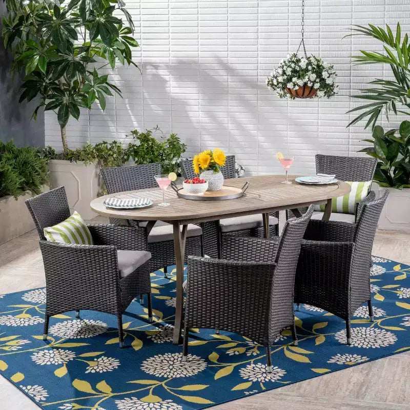 Christopher Knight Home Outdoor Acacia Wood and Wicker 7 Piece Dining Set with Cushions