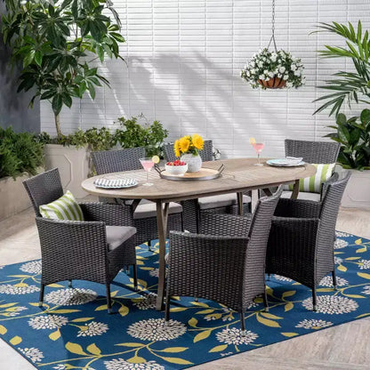 Christopher Knight Home Outdoor Acacia Wood and Wicker 7 Piece Dining Set with Cushions