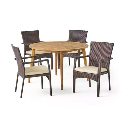 Christopher Knight Home Haley Outdoor Acacia Wood and Wicker 5 Piece Dining Set with Cushion