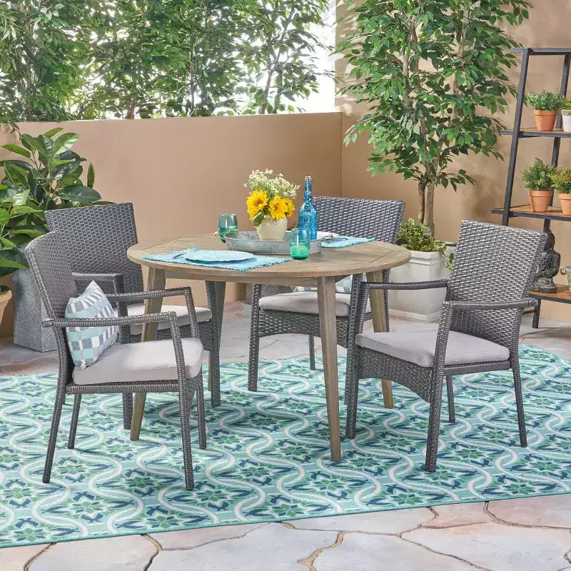 Christopher Knight Home Haley Outdoor Acacia Wood and Wicker 5 Piece Dining Set with Cushion