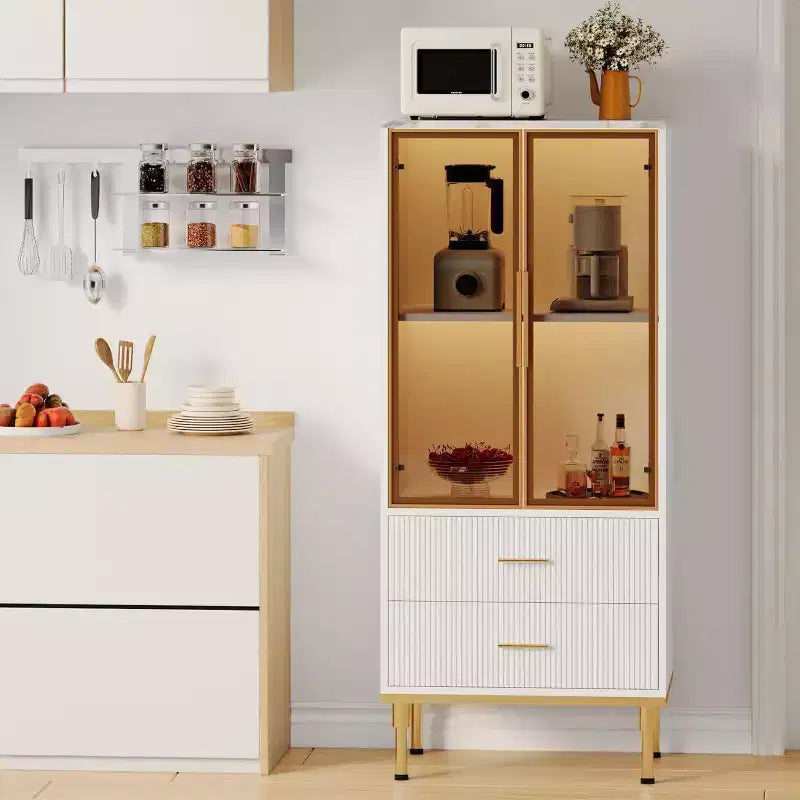 Modern Fluted Storage Cabinet with Glass Door and 2 Drawers, Adjustable Shelves, Gold Accents, MDF Build for Kitchen, Living Room, Office