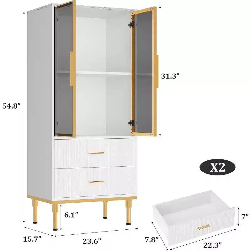 Modern Fluted Storage Cabinet with Glass Door and 2 Drawers, Adjustable Shelves, Gold Accents, MDF Build for Kitchen, Living Room, Office