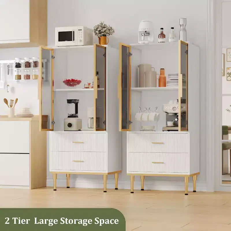 Modern Fluted Storage Cabinet with Glass Door and 2 Drawers, Adjustable Shelves, Gold Accents, MDF Build for Kitchen, Living Room, Office