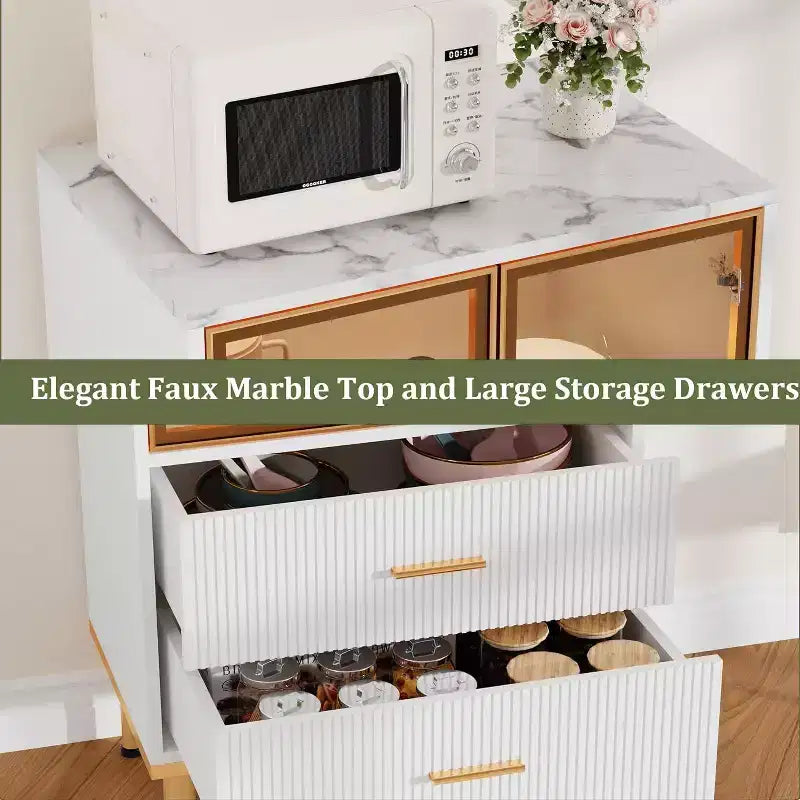Modern Fluted Storage Cabinet with Glass Door and 2 Drawers, Adjustable Shelves, Gold Accents, MDF Build for Kitchen, Living Room, Office