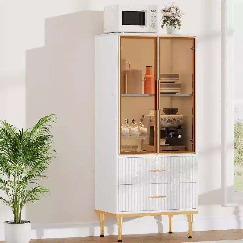 Modern Fluted Storage Cabinet with Glass Door and 2 Drawers, Adjustable Shelves, Gold Accents, MDF Build for Kitchen, Living Room, Office