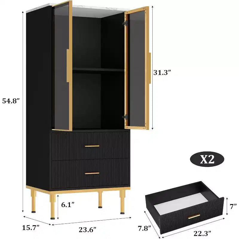 Modern Fluted Storage Cabinet with Glass Door and 2 Drawers, Adjustable Shelves, Gold Accents, MDF Build for Kitchen, Living Room, Office