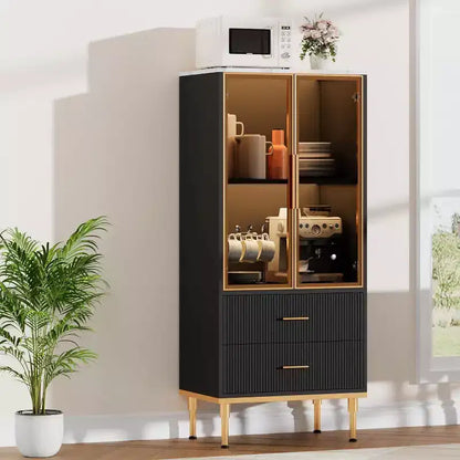 Modern Fluted Storage Cabinet with Glass Door and 2 Drawers, Adjustable Shelves, Gold Accents, MDF Build for Kitchen, Living Room, Office