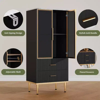 Modern Fluted Storage Cabinet with Glass Door and 2 Drawers, Adjustable Shelves, Gold Accents, MDF Build for Kitchen, Living Room, Office