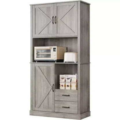 Stylish Kitchen Pantry Cabinet with Microwave Stand, Tall Hutch with Drawers & Shelves, Perfect Storage Solution for Dining and Living Rooms