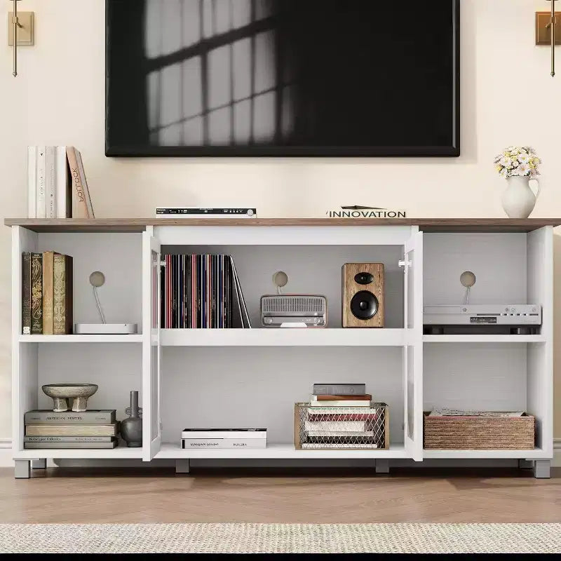 Acekool Modern TV Stand for 70 Inch TV, Black Media Console with Glass Doors and Shelves, Storage Cabinet for Living Room