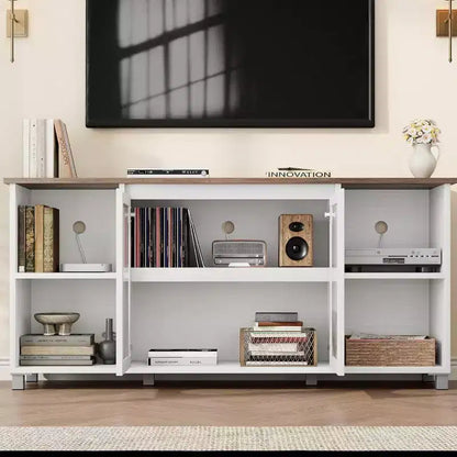 Acekool Modern TV Stand for 70 Inch TV, Black Media Console with Glass Doors and Shelves, Storage Cabinet for Living Room
