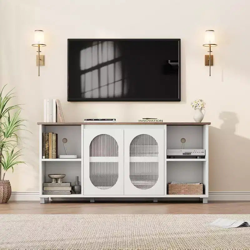 Acekool Modern TV Stand for 70 Inch TV, Black Media Console with Glass Doors and Shelves, Storage Cabinet for Living Room