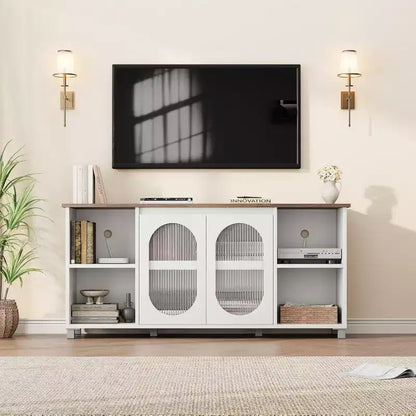 Acekool Modern TV Stand for 70 Inch TV, Black Media Console with Glass Doors and Shelves, Storage Cabinet for Living Room