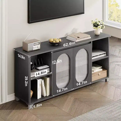 Acekool Modern TV Stand for 70 Inch TV, Black Media Console with Glass Doors and Shelves, Storage Cabinet for Living Room