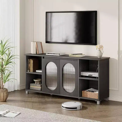 Acekool Modern TV Stand for 70 Inch TV, Black Media Console with Glass Doors and Shelves, Storage Cabinet for Living Room
