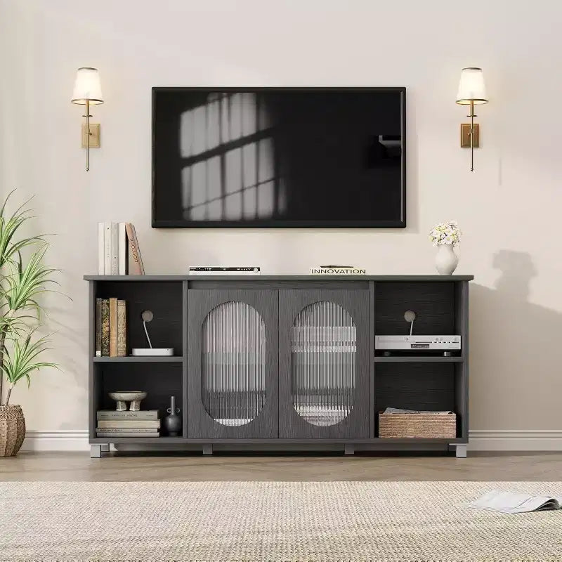 Acekool Modern TV Stand for 70 Inch TV, Black Media Console with Glass Doors and Shelves, Storage Cabinet for Living Room