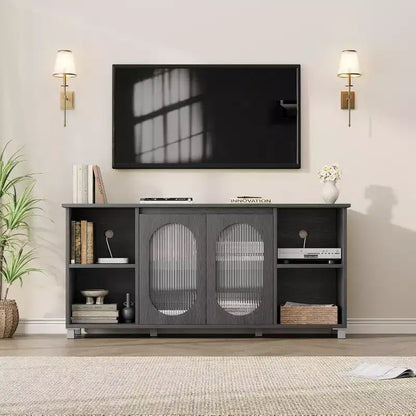 Acekool Modern TV Stand for 70 Inch TV, Black Media Console with Glass Doors and Shelves, Storage Cabinet for Living Room
