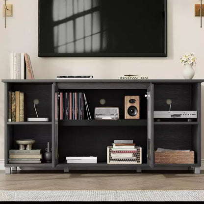 Acekool Modern TV Stand for 70 Inch TV, Black Media Console with Glass Doors and Shelves, Storage Cabinet for Living Room