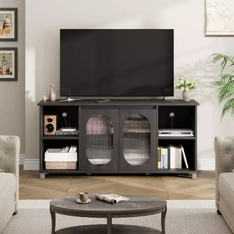 Acekool Modern TV Stand for 70 Inch TV, Black Media Console with Glass Doors and Shelves, Storage Cabinet for Living Room