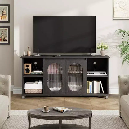 Acekool Modern TV Stand for 70 Inch TV, Black Media Console with Glass Doors and Shelves, Storage Cabinet for Living Room